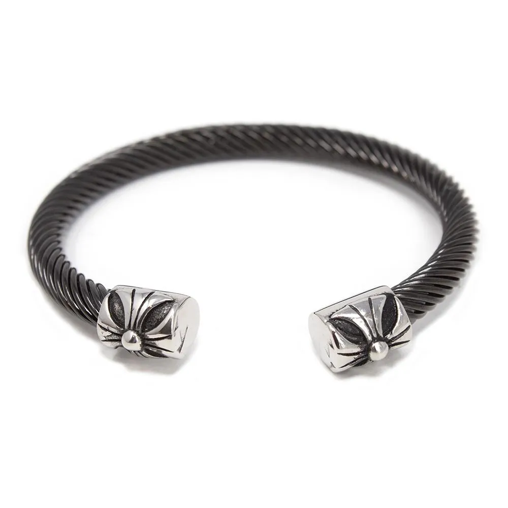 Stainless Steel Black Cable Bangle with Flower Ends