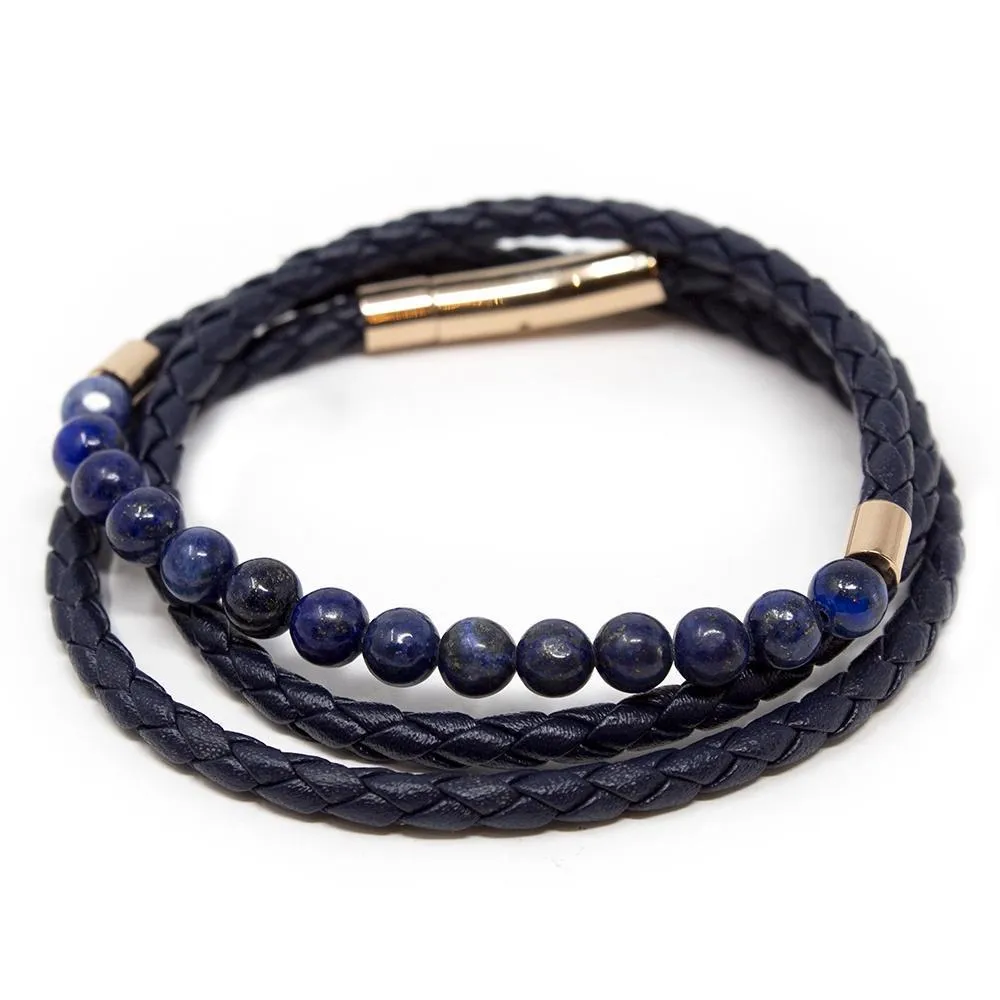 Stainless Steel Double Wrap Lapis Beads Men's Bracelet Blue