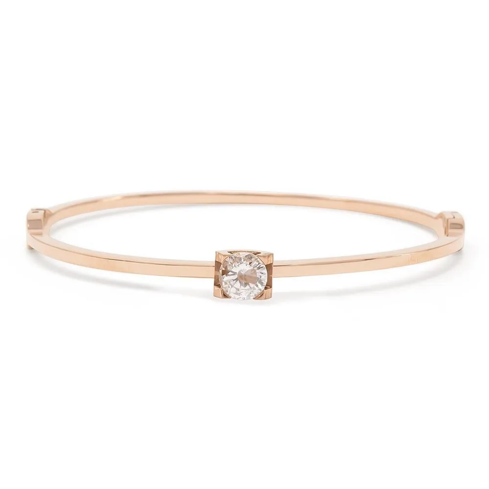 Stainless Steel Hingled Bangle Round Crystal Rose Gold Plated