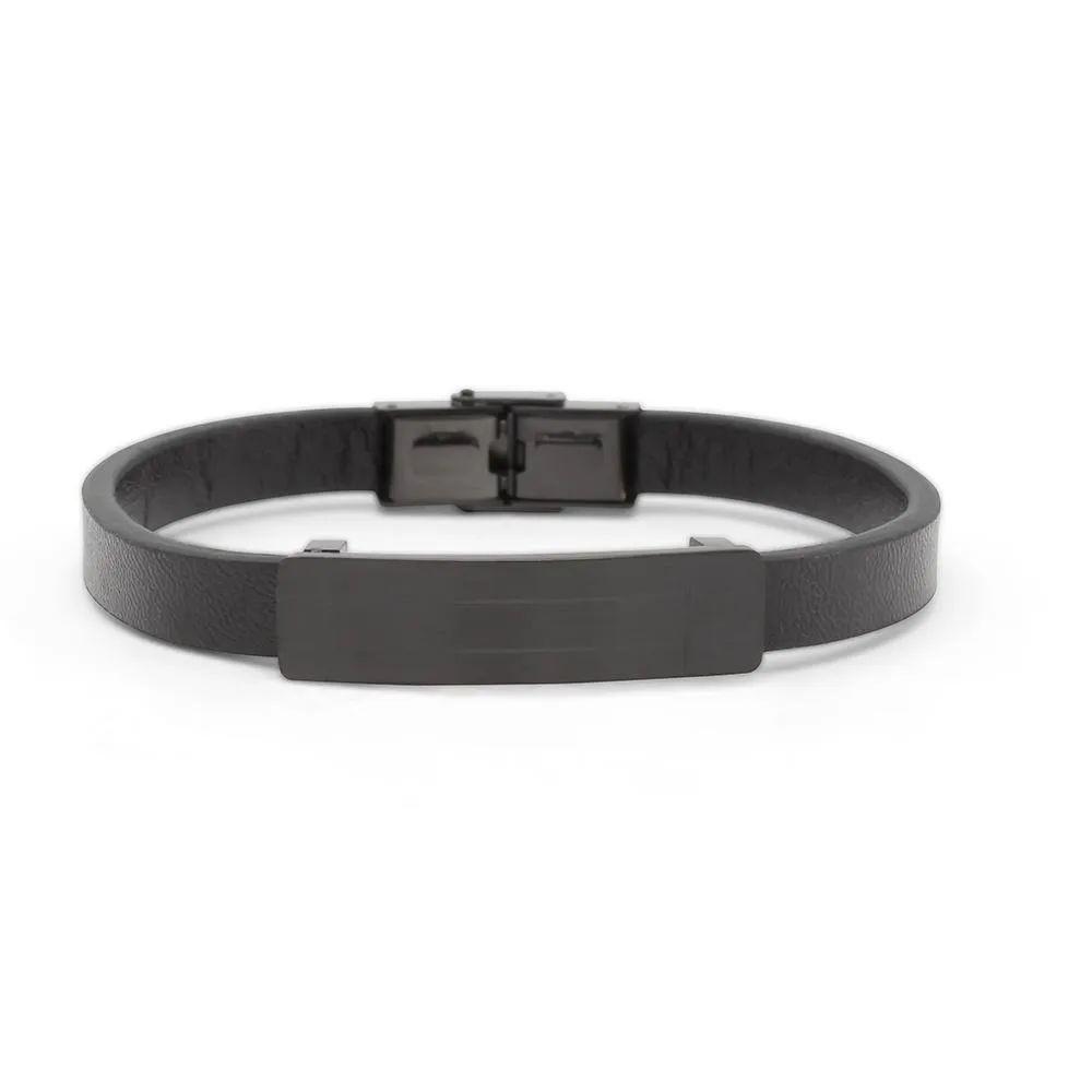 Stainless Steel Leather ID Bracelet Black