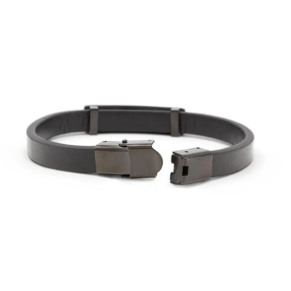 Stainless Steel Leather ID Bracelet Black