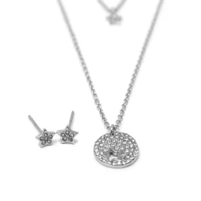 Stainless Steel Star Pave Layered Necklace Earrings Set