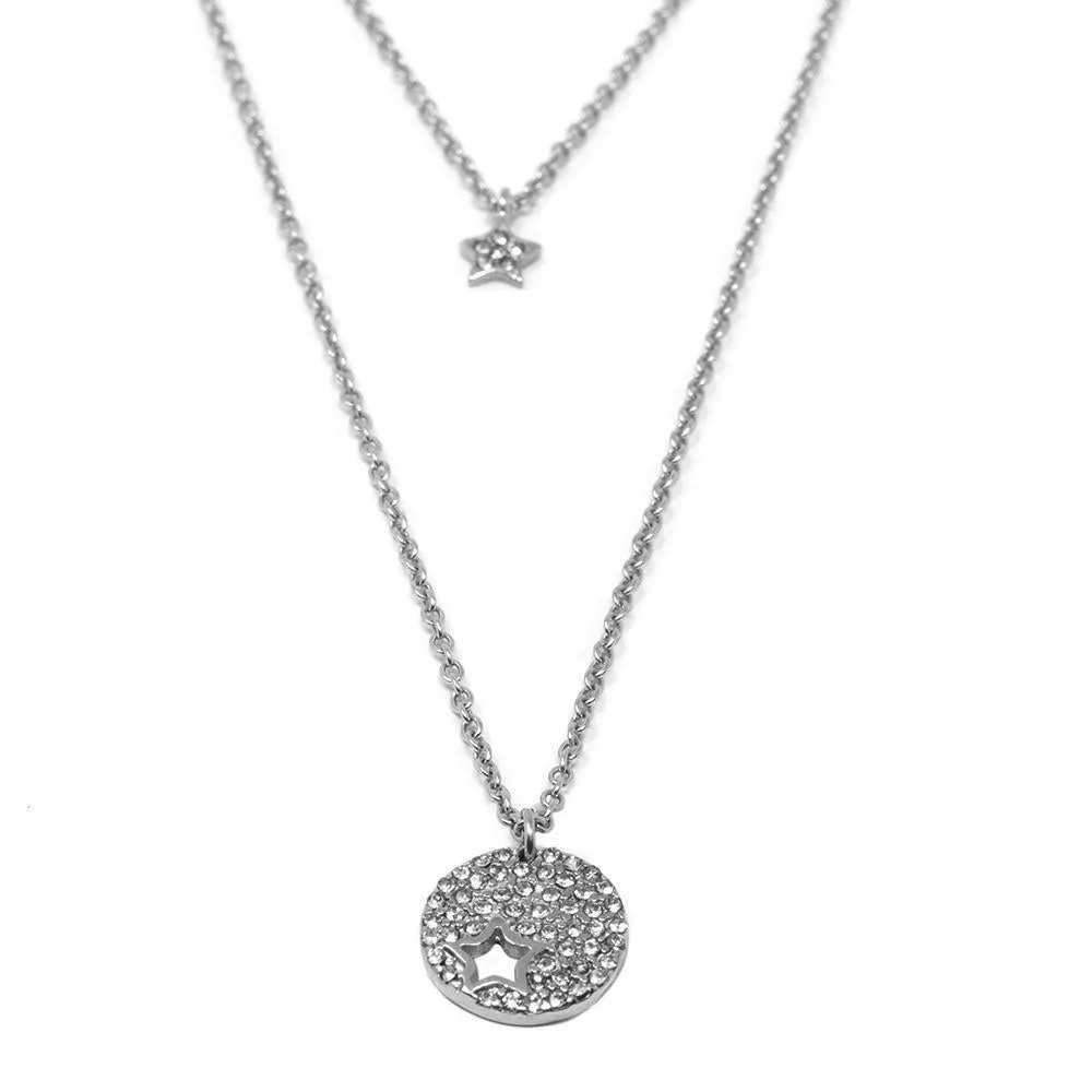 Stainless Steel Star Pave Layered Necklace Earrings Set