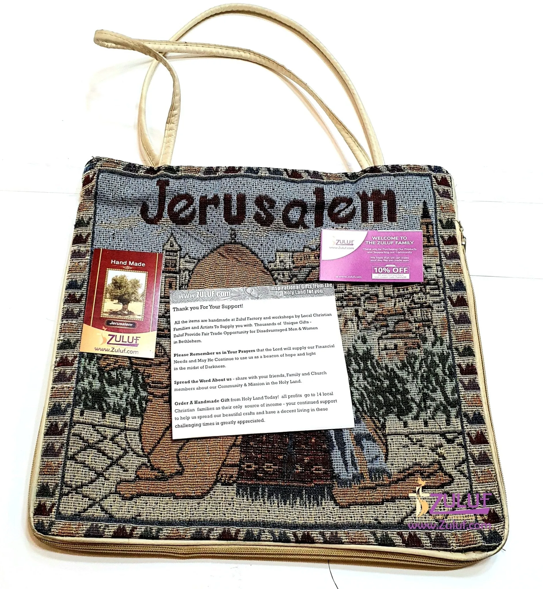 Textile Holy Land Handbag Zipper Purse Zipper Cloth Handmade Jerusalem Camel Bag Size: 34cm / 13.4 x 35cm / 13.8 with Zuluf Cert