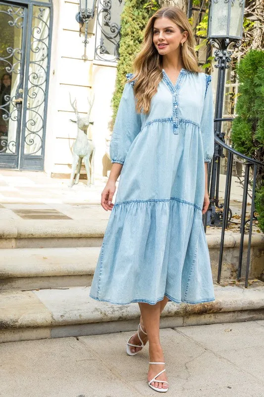 Tiered Denim Midi Dress