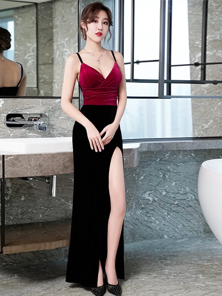 V-neck Sexy Club Dress Sleeveless High Split Occasion Dress Strapless Lady Party Prom Gowns Velour NightClub Robe