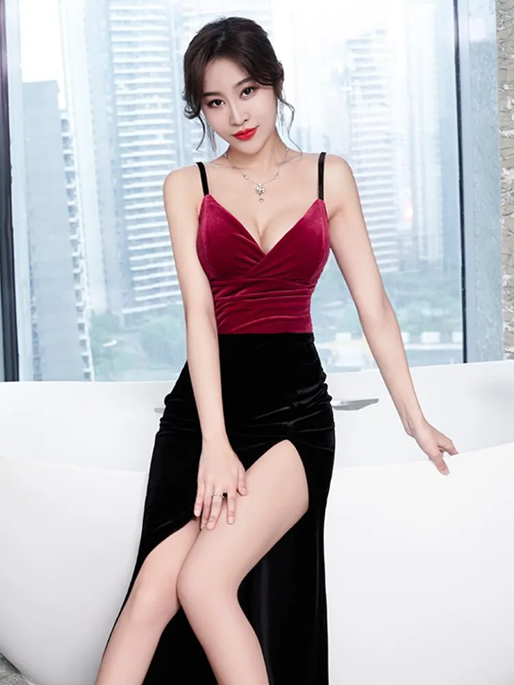 V-neck Sexy Club Dress Sleeveless High Split Occasion Dress Strapless Lady Party Prom Gowns Velour NightClub Robe