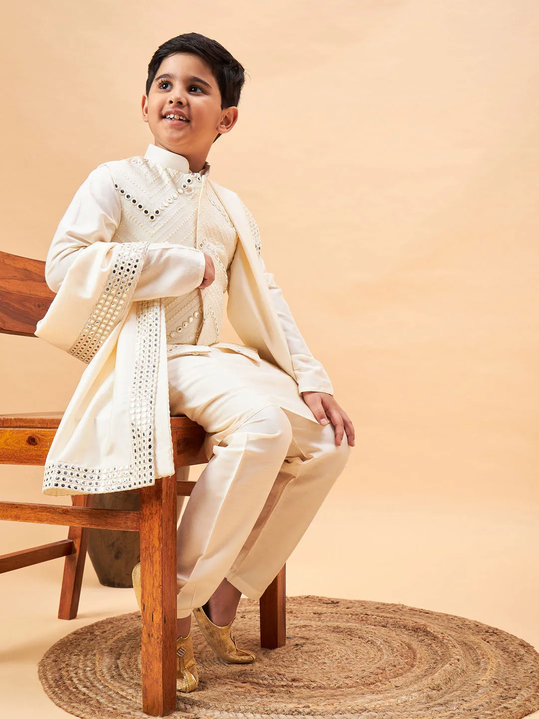 VASTRAMAY Boy's Cream Mirror Work Jacket And Solid Kurta Pyjama Set With Ethnic Dupatta