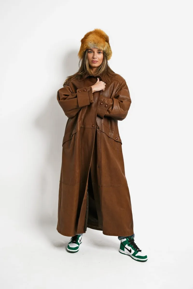 Vintage 90s leather long coat brown