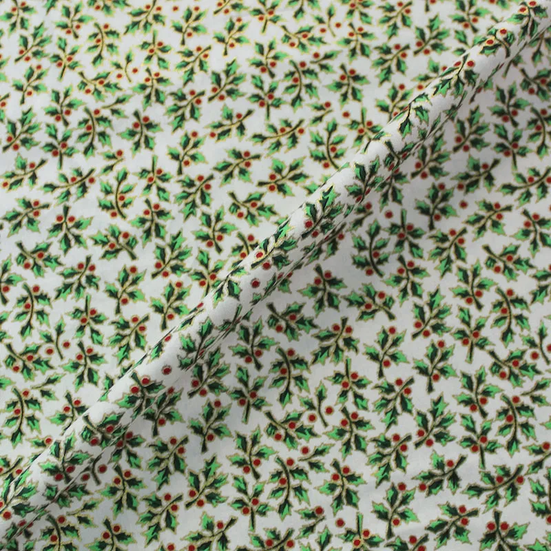 White Metallic Christmas Cotton - Holly Berry