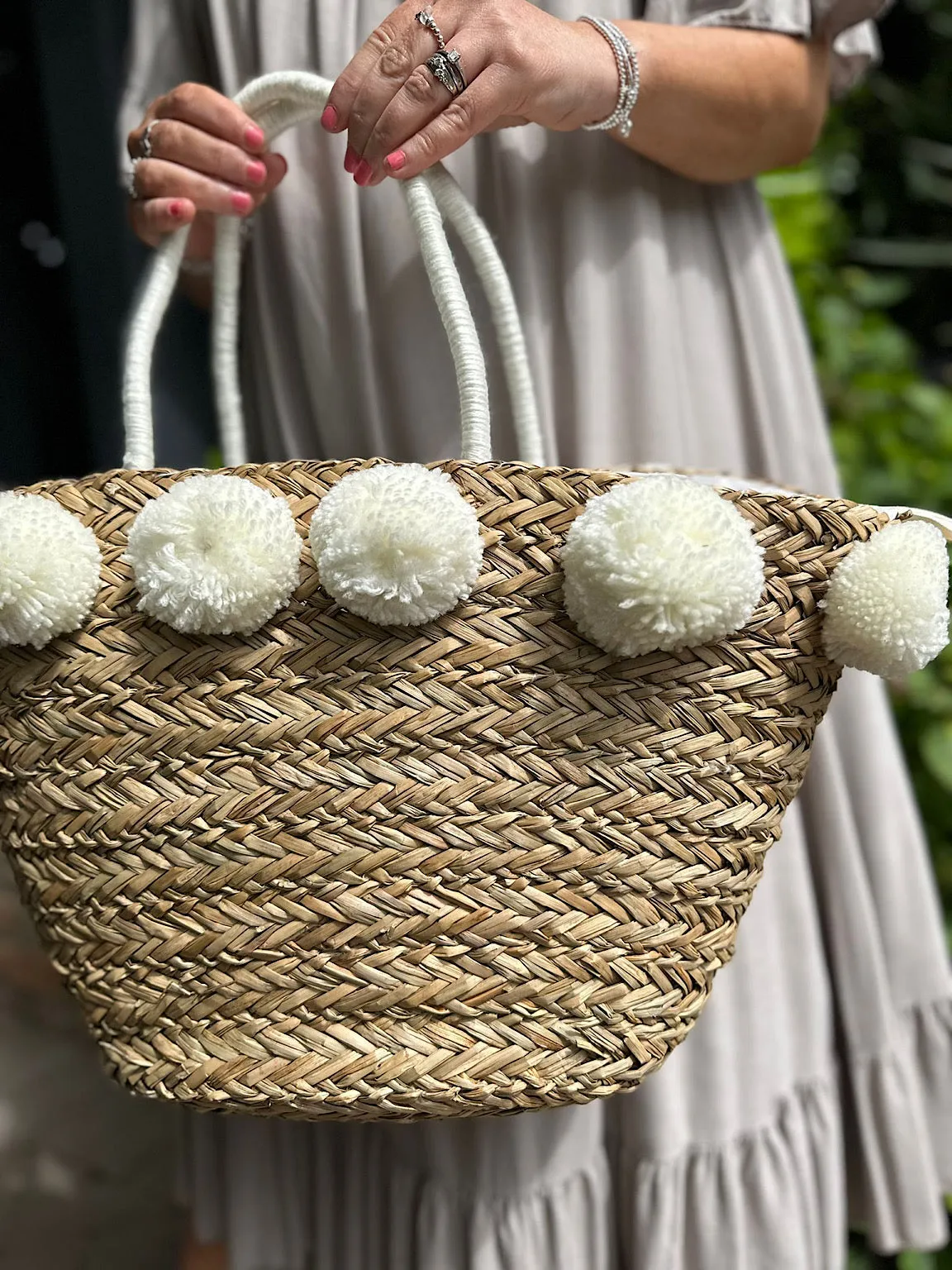 White Pom Pom Weaved Straw Bag