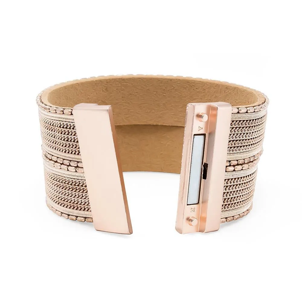 Wide Leather Bracelet with Bar Chain Rose Gold Tone