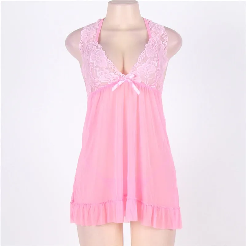 Women's See-Through Lace Halter Baby Dolls Night Gowns Sleepwear